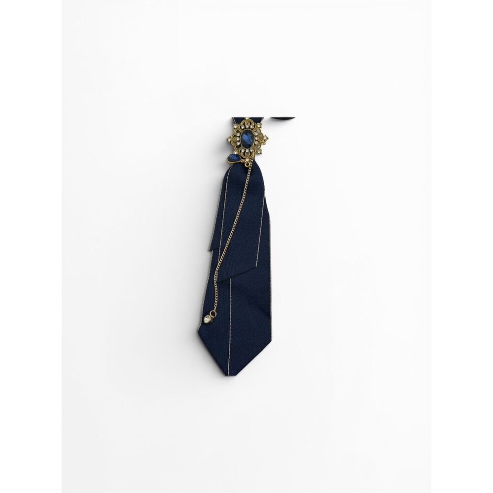 Vintage Victorian Inspired Navy Necktie | Detachable Brooch with Blue Jewel - Picture 3 of 4